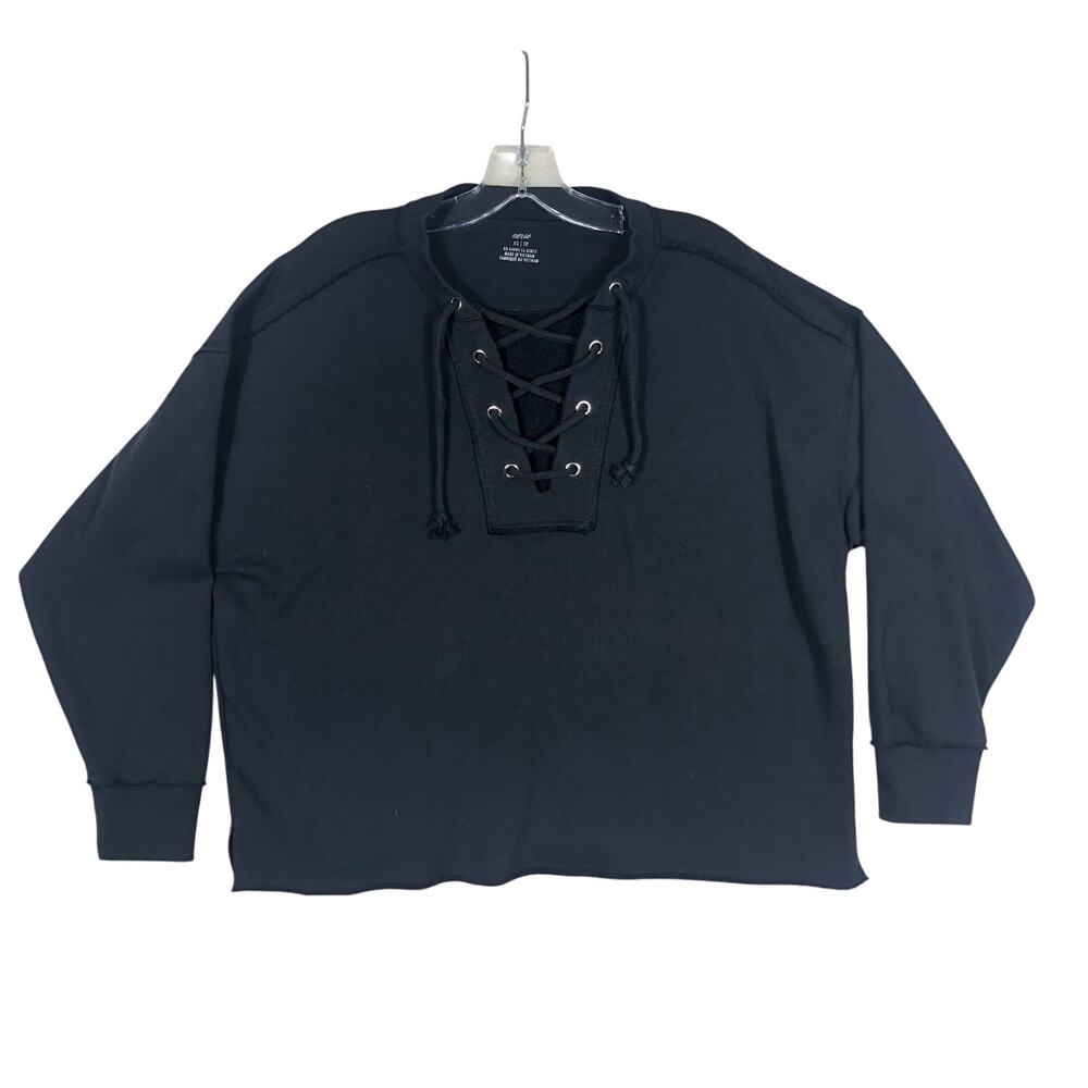 Aerie XS Sweatshirt Pace Up Oversized Cropped Pullover Black Raw Hem
